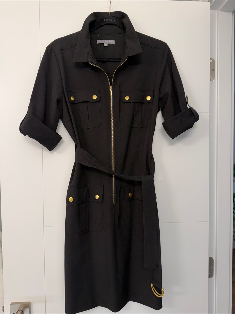 Sharagano Black Dress Top with Subtle Logo Trim sz 10 Ptp 18” structured dress